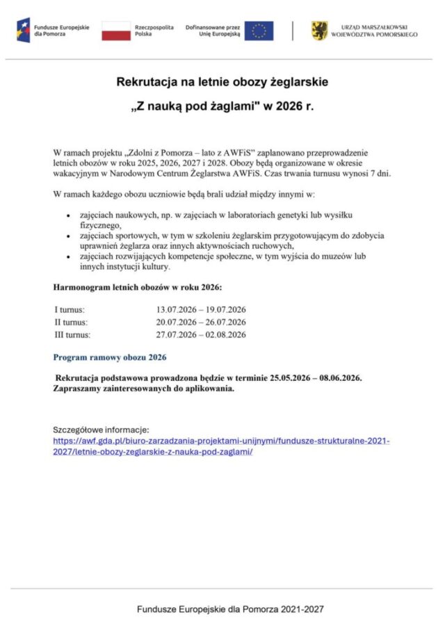 Rekrutacja na letnie obozy w ramach projektu „Zdolni z Pomorza – lato z AWFiS”.jpg Rekrutacja na letnie obozy w ramach projektu „Zdolni z Pomorza – lato z AWFiS”