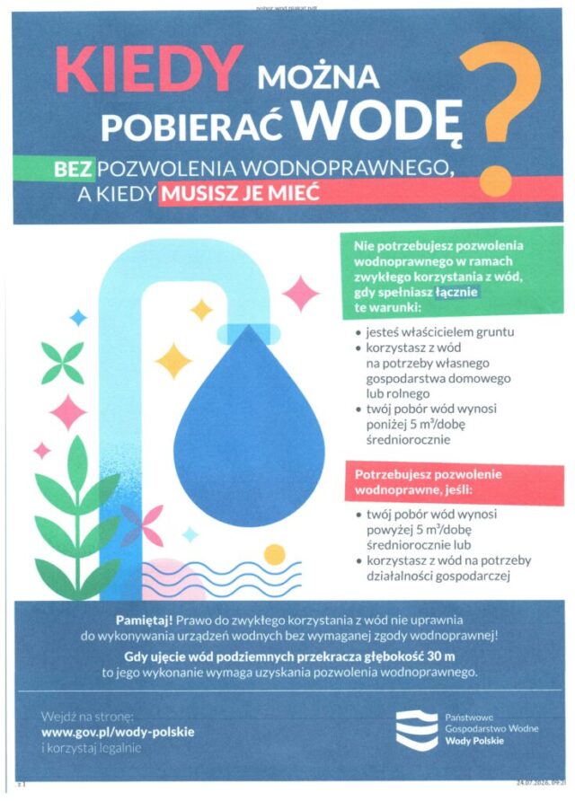 💧 Wody Polskie przypominają: sprawdź, ile wody możesz pobierać bez pozwolenia.